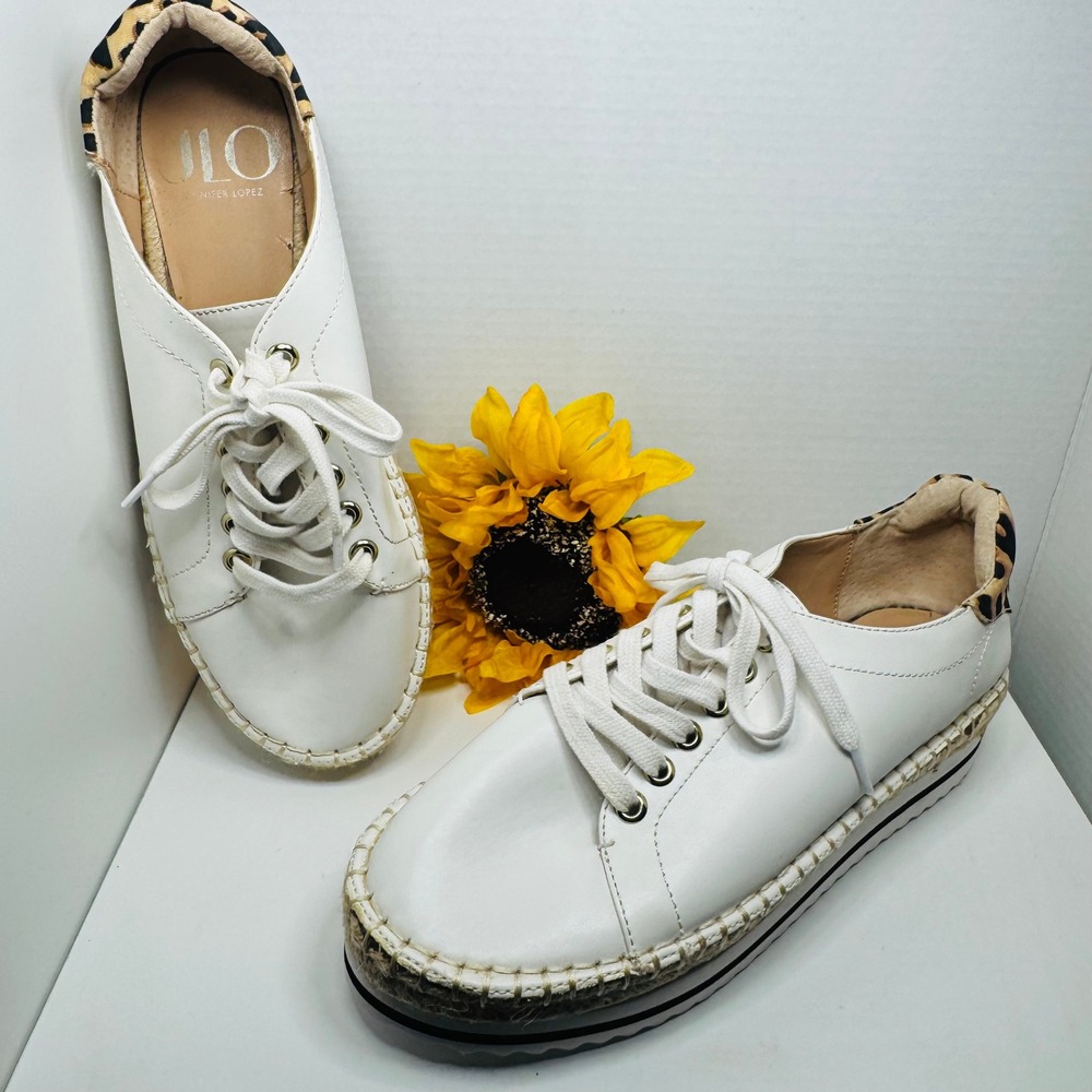 JLO Jennifer Lopez Espadrille Platform Sneakers 9.5 White Leopard Lace Excellent